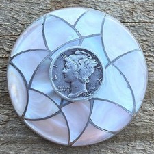 1-7/8” GORGEOUS Vintage 1970s Zuni Sterling Silver MOP Fish Scale Brooch — 27g picture