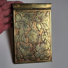 Antique  Brass Art Nouveau Notepad Paper Memo Card Holder Floral Poppy Design picture