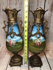 Pair Vintage Italian Porcelain Vases 14.5” Capodimonte Style Cherubs Gilt Metal picture