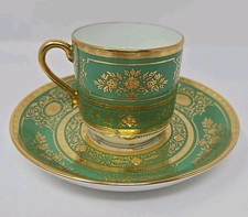 Antique Minton England For Tiffany Green  Gold Encrusted Demitasse Cup & Saucer  picture