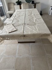 Vintage 64 x100 Light Beige Lace Cutout Cutwork Tablecloth With 12 Napkins New picture