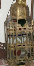 Vintage 58 ”  XXLarge moroccan brass Floor lantern With Clear And Colored Glass. picture
