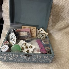 Vtg Lot Of Sewing Notions Buttons, Needles, Thread, Wood Spools In Beautiful Box picture
