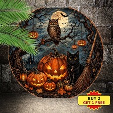 Vintage Pumpkin Owl Sign Autumn Halloween Theme Round Metal Wall Decor 8x8 picture