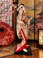 Vintage Japanese Geisha Doll 15” Kimono Folding Fan Traditional Japan Display picture