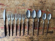 Unbranded Vintage MCM Round Wood Handle Stainless Flatware Japan (set Of 11) picture