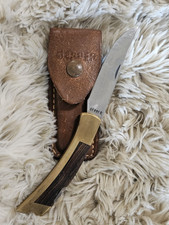 Vintage Gerber Sportsman Folding Lockback Knife Wood Brass w/ Leather Sheath picture