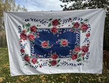 Vintage 1940S 50S Tablecloth White Blue Pink Red Floral ~52x75” 😊 Awesome  picture