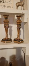 2 Vtg Italian Cast Painted Plaster Chalk Tall Candlesticks Gold And Flowers picture