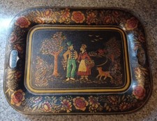 Antique 1800s Tin Metal Toleware Hand Painted Tray Courtship Man Woman Folk Art picture