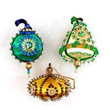 3 Vtg Beaded Push Pin Xmas Ornament Lot MCM Bell Saucer Green Gold Satin jewels picture
