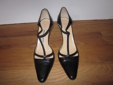 MANOLO BLAHNIK BLACK LEATHER T-STRAP STILETTO HEELS, SIZE 7 1/2 M picture