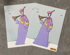 2 Vintage PETER MAX Pop Art Christmas Cards c1970s Man, Bird, Embossed, Regency picture