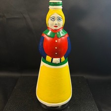 Vintage Hand Painted Folk Art Woman Glass Bottle Figurine Primary Yellow 10