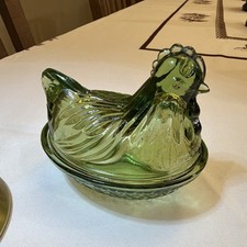 Vintage Hazel Atlas Olive Green Glass Hen on Nest 4.5” RARE picture