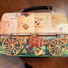 Vintage Aladdin Chuck Wagon Metal Lunch Box Western Cowboy Covered picture