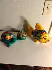 3 Vintage Handmade Ceramic Hand-painted Fish Turtle And Box Jar Figurines picture