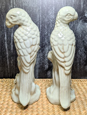 Vintage Pair Chinoiserie Ceramic Parrot Figurines, Cream Crackle Glaze, 8.5 In picture