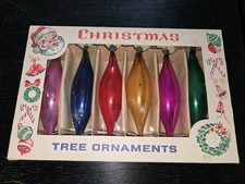 6 Vintage 40's/50's Teardrop Oblong Mercury Glass Poland Christmas Ornaments,Box picture