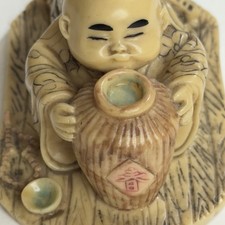 Vintage Japanese Young Monk Drinking Sake Resin Okimono Signed Matsuyama picture