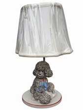 Vintage 1950s Gray Poodle Dog Ceramic Figurine Table Lamp Blue Bow Rose Shade picture