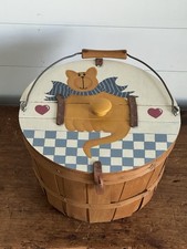 Vintage Wood Basket w/Lid Orange Cat Hand Painted Primitive Farmhouse Folk Art picture