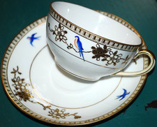 Vtg NORITAKE M MORIAGE GOLD Teacup & Saucer 16665 HAND PAINTED BLUEBIRDS c1922 picture