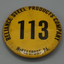 Vintage Reliance Steel Products Co McKeesport PA Employee Badge Pin 113 Yellow picture