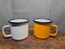 Vintage Farmhouse Enamelware White & Yellow W/Black Trim Cup Mug Pair picture