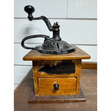 Antique Wooden Coffee Grinder Manual Cast Iron Hand Crank Mill Primitive Decor picture