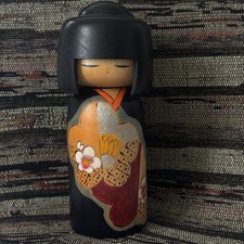 Vintage Japanese Creative Sosaku Kokeshi Doll w Floral Motif 6 3/4 Inches picture