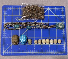 Vintage 13 Egyptian Faience Carved Scarab Cartouche Beetle Bead lot and Necklace picture