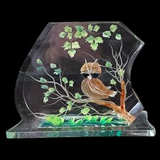 Vintage Lucite Owl Sculpture Paperweight Hand Painted Woodland Bird MCM Decor picture