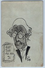 c1910's Old Man What Does The Man Do Hand Drawn Art Signed Artist Postcard picture