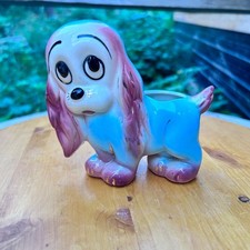 Vintage Sad Eyes Dog Planter Ceramic Puppy Pink Blue Iridescent Lusterware Japan picture
