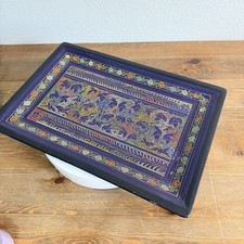 VTG Mexican Olinala Lacquer Wood Tray Hand Painted Folk Art Birds Floral Blue picture