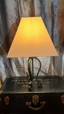 Vintage Heavy Wrought Iron Table Lamp Scrolled Lyre Base Mid Century Black Iron picture