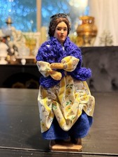 Vintage Hand Painted Woman Figurine Cloth Doll Blue Shawl Floral Dress Wood Base picture