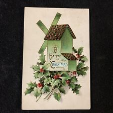 Christmas Postcard Vintage Embossed Antique Postmark 190? Holly Birdhouse picture
