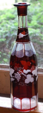 RARE Antique Victorian ETCHED GRAPEVINE DECANTER Art Glass Hand Cut PAINTED RED picture