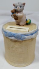 Vintage 1992 Kitty Cucumber Porcelain Coin Bank Schmid Cat Basket Teddy Bear picture