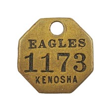 Vintage Eagles Club Ballroom Kenosha WI Brass Coat Check Locker Tag 1173 picture