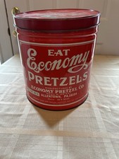 Vintage Eat Economy Pretzels Red & White Tin Can Allentown Pennsylvania picture