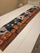 Vintage Halloween Black Cat Jack-o’-Lantern Witch Tapestry Table Runner Cloth picture