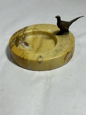Vintage Art Deco Brass Pheasant Marble Figural Ashtray Trinket Dish Lodge Cabin picture