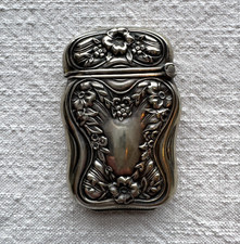 Antique Art Nouveau Vesta Case Match Safe Ornate Repoussé Floral Silver Plated picture