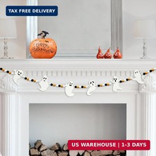 4.2 FT Halloween Wooden Beads Garland with Ghost Charms, Black Orange White Bead picture