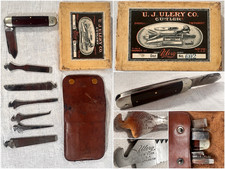 Antique U.J. Ulery Co No 602 Pocket Knife 6 Multi Tool Leather Case Original Box picture