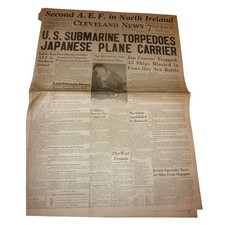 Vintage 1942 Cleveland News Newspaper WWII US Carrier Sub Attack AEF Ireland picture