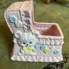 Vintage 60s Ceramic Baby Carriage Buggy Planter Bear Flower Pastel Kitsch Japan picture